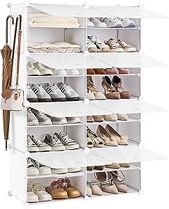 Interlocking Shoe Rack, 8 Cubes Plastic Shoe Storage Cabinet, 32 Paris Shoe Cabinet with Doors, Shoe Rack Organizer for Closet, White SSR028W