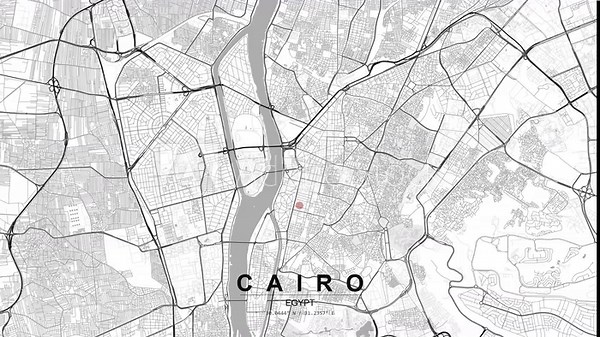Detailed map of Cairo in Egypt with a red location pin marking a central point, showing the Nile river, roads, and dense urban layout.