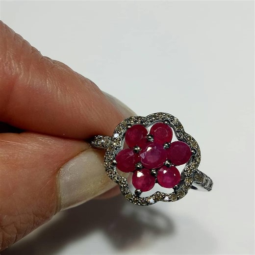 Natural Ruby Cluster Ring, 925 Sterling Silver Pave Diamond Halo Statement Jewelry - Etsy