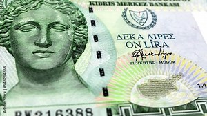 Cyprus Cypriot Pound 10 Banknotes, Ten Cypriot Pound, Close-up and macro view of the Cypriot Pound, Tracking and Dolly Shots 10 Cypriot Pound banknote Observe and Reserve Side, Cypriot Pound Money