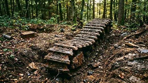 British flamethrower tank was hit here, and the forest still holds the tracks, weapons and equipment