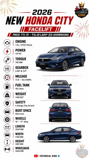 New Honda City Facelift 2026 | Price, Mileage, Features, Safety & Full Specifications