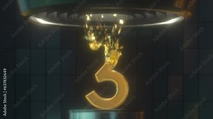 Gold Foil Digit 3 Reveals and Disintegrates in a Turbine. Dark Futuristic Scene. 4k 3D Animation for Learning Numbers, Digits and Counting.