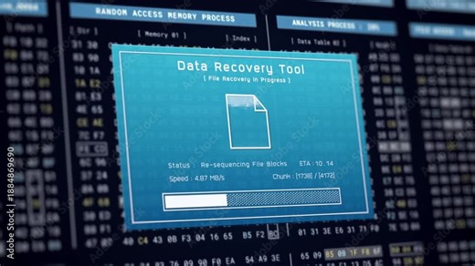 Data recovery process screen on cloud storage server, database protection backup for restore secure file sharing network, cyber security software technology, retro binary computer repair monitor UI