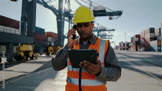 Logistics worker managing port operations using tablet and mobile communication at container terminal.
