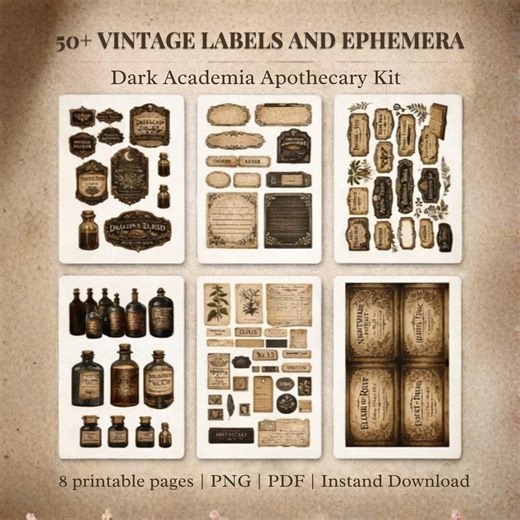 Apothecary Labels Printable Kit, Dark Academia Ephemera, Vintage Potion Labels, Junk Journal Supplies, Botanical Labels PNG PDF - Etsy UK
