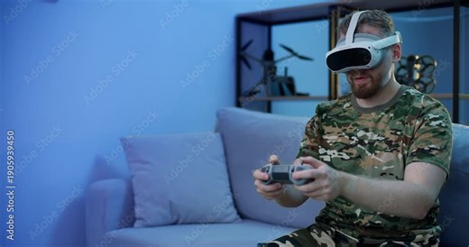Immersive virtual reality gaming experience with a focused player.
