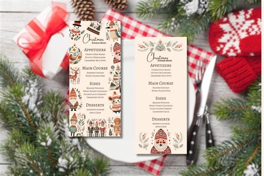 Editable Christmas Menu Template Set | Holiday Dinner Menus | Boho Printable Menu Cards | 4x9 Canva Templates for Custom Xmas Eve Meal - Etsy