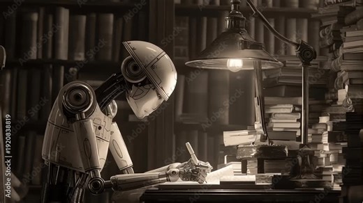 Robot studying and writing at a desk in a vintage library