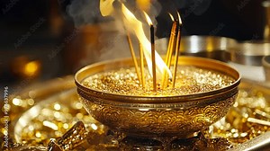 Traditional incense burning ceremony showcasing aromatic offerings in a richly decorated altar