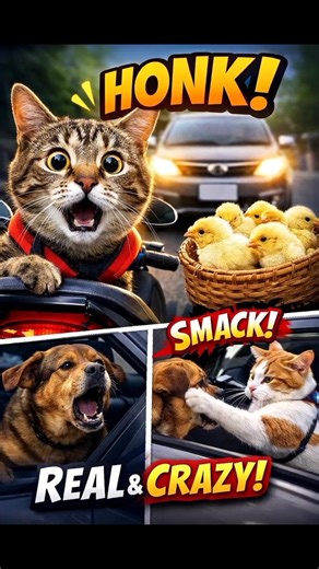 Cat Tries to Steal a Chick… Then Gets Scared by a Horn! 😹 | Brave Cat Slaps Barking Dog #Shorts