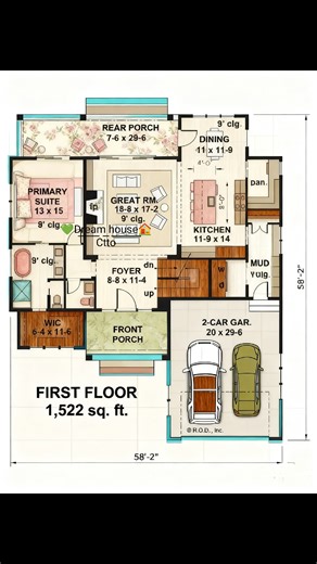 🌿A spacious first-floor layout featuring a primary suite, open great room, formal dining area, functional kitchen with pantry, mudroom, and attached 2-car garage — perfect for families who want both comfort and practical zoning.💚 Overall size: Approx. 50’-0” x 58’-2” (1,522 sq. ft.) • Great Room: 18’-8” x 17’-2” • Kitchen: 11’-9” x 14’-0” • Dining: 11’-0” x 11’-9” • Primary Suite: 13’-0” x 15’-0” • Walk-in Closet (WIC): 6’-4” x 11’-6” • Primary Bath: approx. 9’-0” ceiling • Foyer: 8’-8” x 11’-