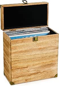 Vinyl Record Storage Box, Vintage Wooden LP Album Collection Storage Record Case Crate Organize 7/10/12 Inch Standard Records, Holds 40 Records - Carbonized Brown (Without window)