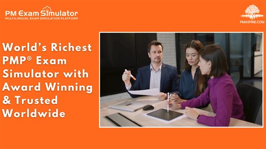"Prepare Smarter | Pass with Confidence ✅World’s richest PMP® Exam Simulator ✅Award-winning, multi-lingual platform ✅Trusted by 400 PMI-REPs & training companies ✅12 model exams with 3000 practice questions ✅ Practice by simulated exam, process group & knowledge area ✅Identify strengths, improve weak areas & score 65% for Above Target results 👉 Start practicing today: pmaspire.com ✉️ Contact us: support@pmaspire.com Sign up for Free Registration:https://app.pmaspire.com/Account/Register?package