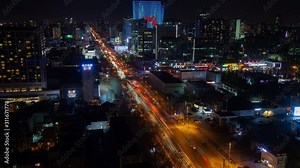 BEIJING/CHINA - MARCH 18 2019: Chinese highway with traffic at Beijing buildings timelapse zoom out