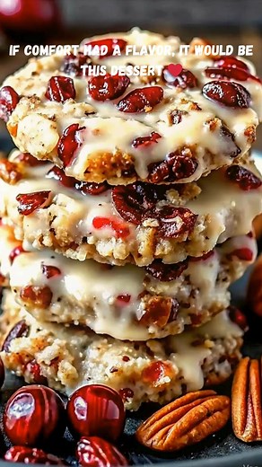 No-Bake Cranberry Pecan Praline Cookies | Sweet, Nutty & Perfect for the Holidays 🍪✨ These little beauties are chewy, crunchy, and full of cozy southern flavor — loaded with cranberries and pecans, all hugged in a creamy praline glaze. And the best part? No oven needed! 🙌 Ingredients: 2 cups chopped pecans 1 cup dried cranberries 1½ cups quick oats ½ tsp cinnamon Pinch of salt For the praline glaze: ½ cup butter ½ cup brown sugar ¼ cup heavy cream 1 tsp vanilla extract 1 cup powdered sugar Ins