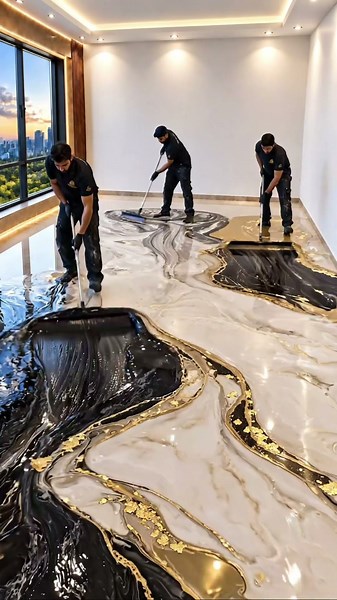 Luxury Black & White Epoxy Floor with Golden Marble Veins ✨ | Epoxy Master #epoxyfloor #home #Shorts