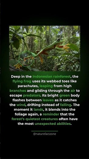 Flying Frog Glides Through Trees. A rainforest frog uses wide webbed feet to glide gr...