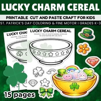 Lucky Charm Cereal Cut and Paste Crafts, St. Patrick’s Day Coloring & Fine Motor