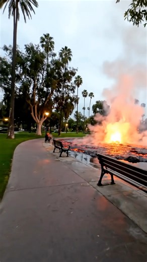 Los Angeles park — handheld from the walking path, a glowing lava pool emerges from the center of a pond. Steam rises into the overcast sky, water rippling around the molten orange light. The camera shakes slightly, capturing the surreal scene up close. #earthimpacts #lava #LosAngeles #park #molten #whatif #ai #surreal This content isn’t real — it’s a simulated ‘what if’ scenario created by AI for visual exploration. | Earth Impacts