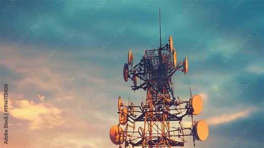 Telecommunication tower silhouetted against a vibrant sunset sky, transmitting wireless signals and enabling mobile, 5g and internet connectivity across urban and rural networks