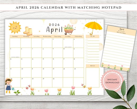 April 2026 Calendar and Notepad Printable (PDF & PNG) - Etsy Canada