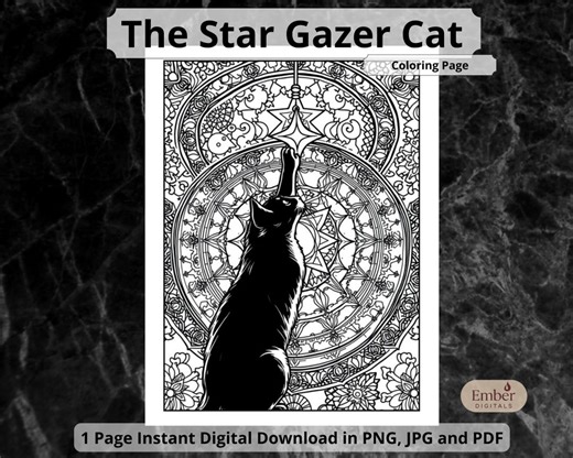 The Star Gazer Cat Coloring Page, Celestial Night Feline Printable, Intricate Mandala Art Digital - Etsy