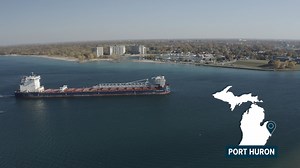 12K views · 306 reactions | Drone view of a bulk carrier, the Algoma Intrepid, entering the mouth of the St. Clair River and approaching the Blue Water Bridge in Port Huron, Michigan. | MLive.com | Facebook