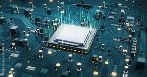 AI Supported Modern CPU Processor. Data Flow. Processing AI Data. Computer And Technology Related 4K 3D CG Animation.