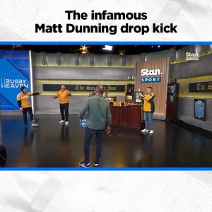 "That same year Johnny Wilkinson got knighted." 🤷‍♂️ Matt Dunning recreates the most famous of drop goals, in a Wallabies kit! 🖥 Stream Rugby Heaven LIVE Thursday from 7:30pm AEST, only on Stan Sport. #StanSportAU #RugbyHeaven | Stan Sport Rugby