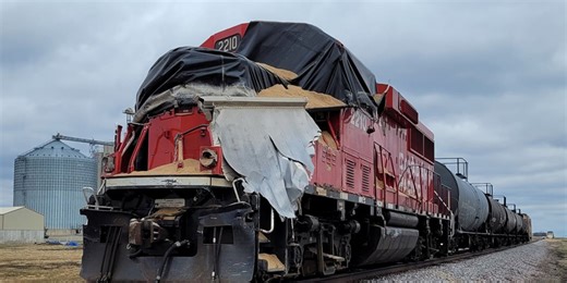 VIDEO: Train splits grain trailer in half in Brown County, three sustained minor injuries