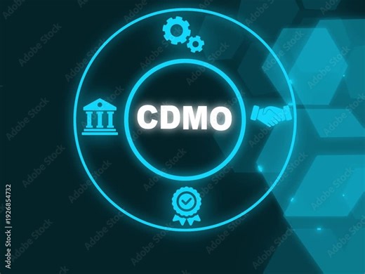 CDMO acronym. A Contract Development and Manufacturing Organization is a company that provides comprehensive services to pharmaceutical. medical device companies. Showing CDMO icons on virtual screen.