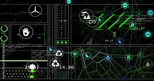 Data feed arriving, dashboard pulsing nodes, icons clustering, values updating for monitoring CO2