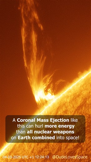 DudeLovesSpace on Instagram: "Explosive Coronal Mass Ejection! Seen Through My Telescope #astronomy #spacefacts #solarsystem Witness the incredible details of an amazing Coronal Mass Ejection that I captured with my solar telescope setup from my backyard! This time-lapse reveals mesmerizing solar activity through a special filter, the Daystar Quark Chromosphere, bringing you views of solar flares and chromospheric features in exquisite clarity. Information Source: “Solar flares and CMEs are curr
