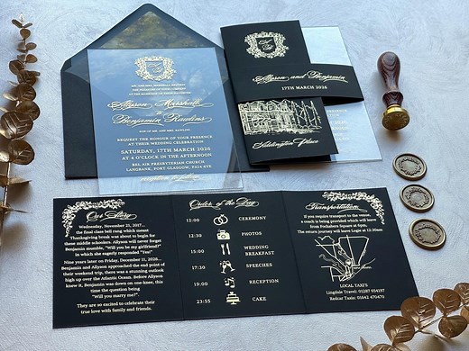 Acrylic Wedding Invitations, Venue Sketch Wedding Invitation. Gold Foil Wedding Invite, Personalized Wedding Invitation With Wedding Program - Etsy