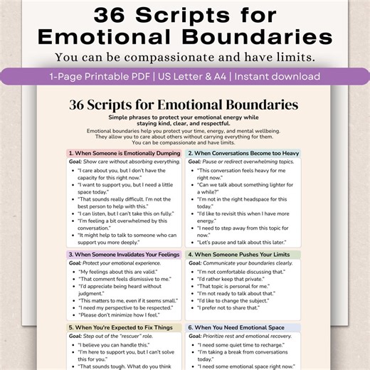 36 Emotional Boundary Scripts, Stop Emotional Dumping & People Pleasing, Therapy Inspired Cheat Sheet pdf