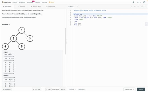 SQL LeetCode：608. Tree Node