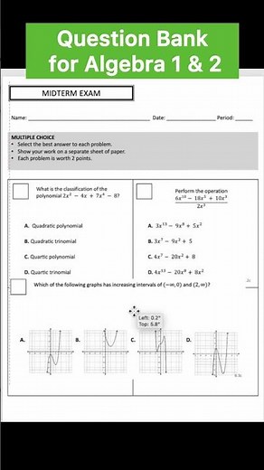 Algebra 1 & 2 Midterm and Final Exam | Editable Template + Question Bank