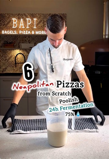 🔥Easy Neapolitan Pizza Dough (75%)🍕 Homemade! 5-6 Pizzas | Poolish Check Profile Link for free Fermentation E-Book. Perfect for 24h fermentation - clean, elastic, structured. Poolish: 300g flour >W300 300g water 6g fresh yeast 2h @ roomtemperature Main Dough: Poolish 700g flour (W300) 450 ml cold water 30g Salt Start with only 300ml of water. Use bassinage-method for restwater. Knead & rest 15 min Make it into a dough ball and rest 15 minutes. Make the dough balls 24h Fridge Let them prof 2h @