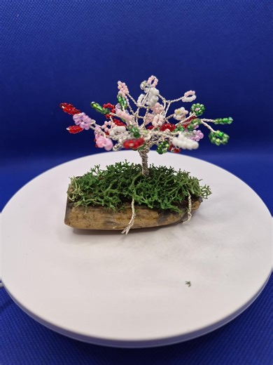 Handmade Beaded Wire Tree Sculpture – Pink, Red, Green Glass Beads, Natural Wood Base - Etsy