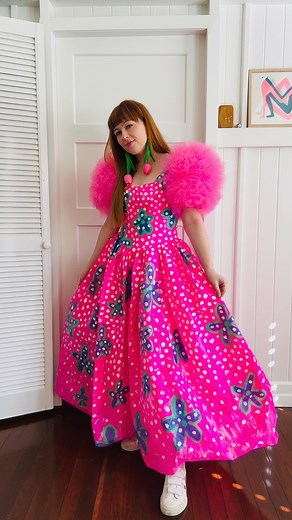 Rachel Burke on Instagram: "Upcycled a thrifted wedding dress with the painted print I created for my collaboration with @jerichoroadclothing which launches Saturday! I adored the process of transforming some @officeworks paints with textile medium and can’t wait to see this frock trot down the runway at the Scenic Rim! It is giving me @barbie dream dress energy!! Ps. Today is the last day to buy tickets to the Jericho launch this weekend🌷🌷 Hope to see you there! 🌷💝🎀 #upcycle #diy"