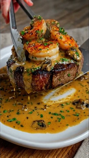 Filet Mignon with Garlic Butter Shrimp & Creamy Mushroom Sauce