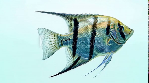 Striped angelfish swimming gracefully in clear blue water.