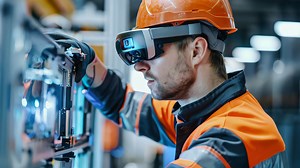 Download Automated machinery maintenance by worker using augmented reality glasses for precision. Smart factory automation for free