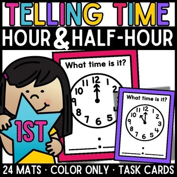 1st Grade Telling Time Task Cards | Hour and Half Hour Clocks