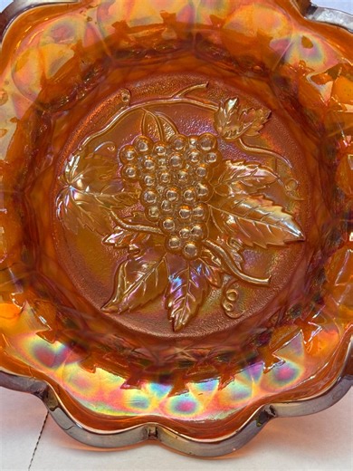 Vintage Marigold Carnival Glass Bowl | Grape Leaf Pattern, Heavy Pressed Fruit Display - Etsy