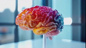 Close-up of a vibrant 3D model of a human brain in a modern lab setting, showing colors to represent neural activity and thought processes. Stock Video