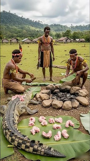 You Won’t Believe How This Crocodile Tail Is Cooked 😱🔥 #shorts #primitivecooking #triballife