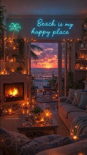 Warm Fireplace & Gentle Waves Sounds For Sleep & Relaxing 🔥 Sunset at the Beach Cabin