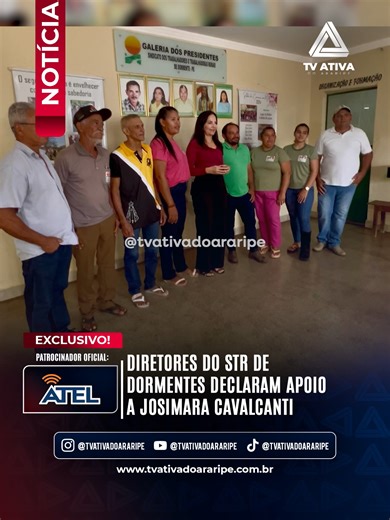 Oito diretores do Sindicato dos Trabalhadores Rurais (STR) de Dormentes declararam apoio à pré-candidatura de Josimara Cavalcanti a deputada estadual. Entre os nomes estão a presidente Rosalina Nunes e os diretores Auricélio Damasceno, Chico Marcelino, Crispim Rodrigues, Dalvilene Albuquerque, Geisse Garcia, Nestor Lima e Reginaldo Castro. Com a adesão, o grupo passa a integrar a caminhada política de Josimara rumo à Assembleia Legislativa de Pernambuco (Alepe). Em declaração, a pré-candidata ag